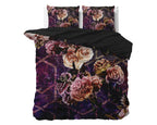 Dekbedovertrek micropercal bloemenprint paars zwart 240 x 220 cm, met 2 kussenslopen 60 x 70 cm