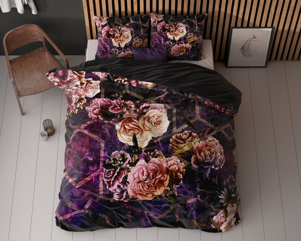 Dekbedovertrek micropercal bloemenprint paars zwart 240 x 220 cm, met 2 kussenslopen 60 x 70 cm