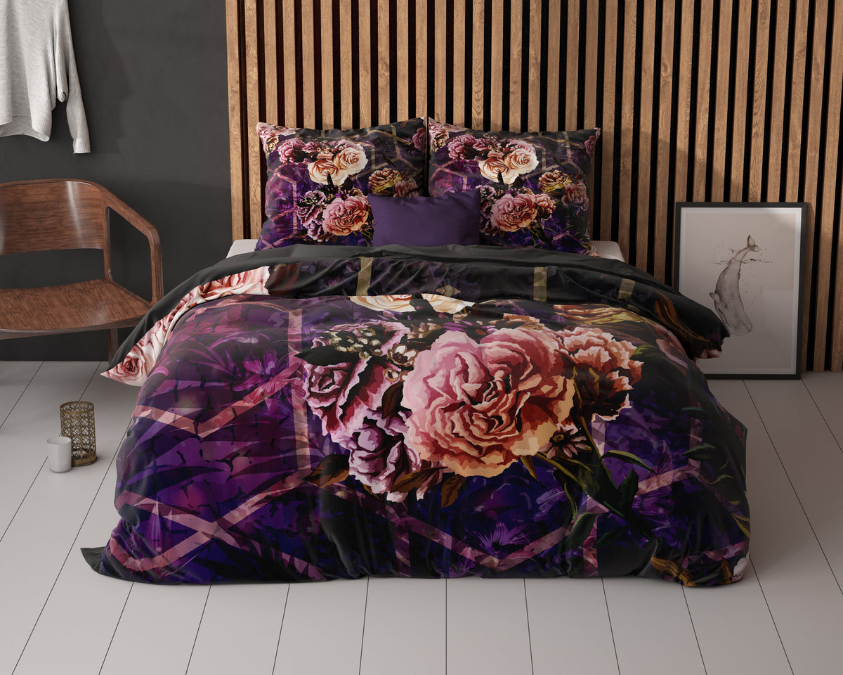Dekbedovertrek micropercal bloemenprint paars zwart 240 x 220 cm, met 2 kussenslopen 60 x 70 cm