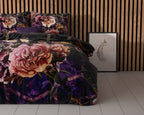 Dekbedovertrek micropercal bloemenprint paars zwart 240 x 220 cm, met 2 kussenslopen 60 x 70 cm