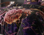 Dekbedovertrek micropercal bloemenprint paars zwart 240 x 220 cm, met 2 kussenslopen 60 x 70 cm