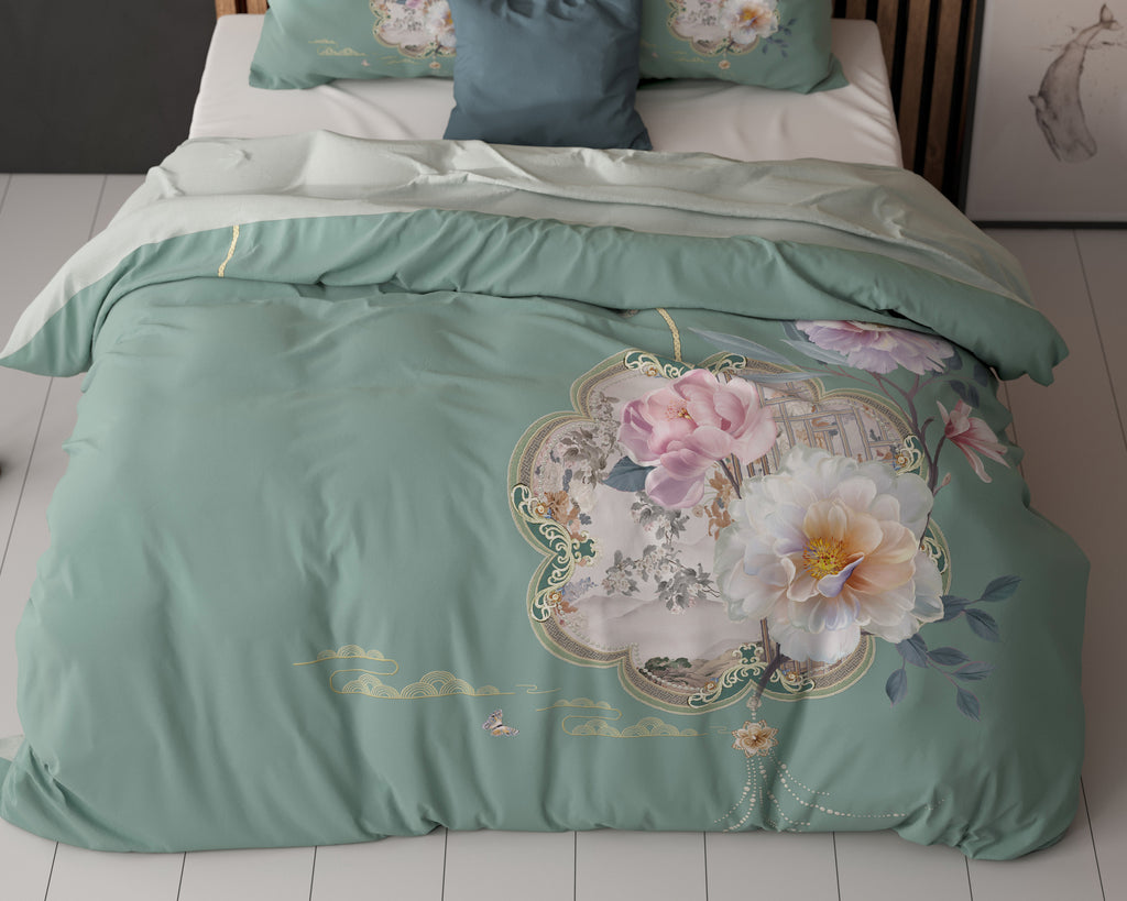 Dekbedovertrek micropercale Lyra groen met bloemenprint 240 x 220 cm, met 2 kussenslopen 60 x 70 cm