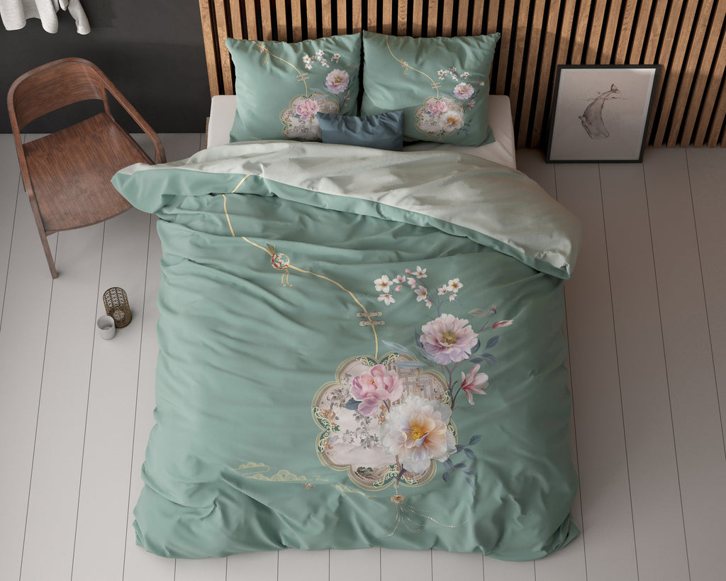 Dekbedovertrek micropercale Lyra groen met bloemenprint 240 x 220 cm, met 2 kussenslopen 60 x 70 cm
