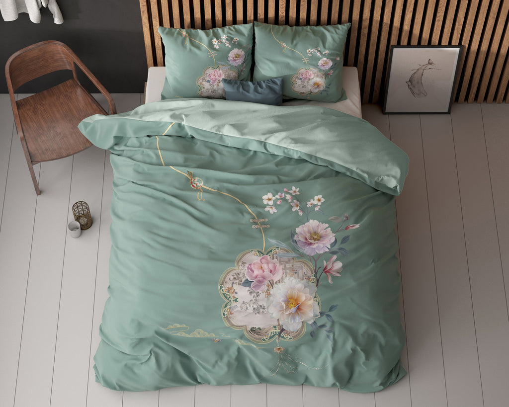Dekbedovertrek micropercale Lyra groen met bloemenprint 240 x 220 cm, met 2 kussenslopen 60 x 70 cm