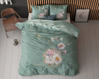 Dekbedovertrek micropercale Lyra groen met bloemenprint 240 x 220 cm, met 2 kussenslopen 60 x 70 cm