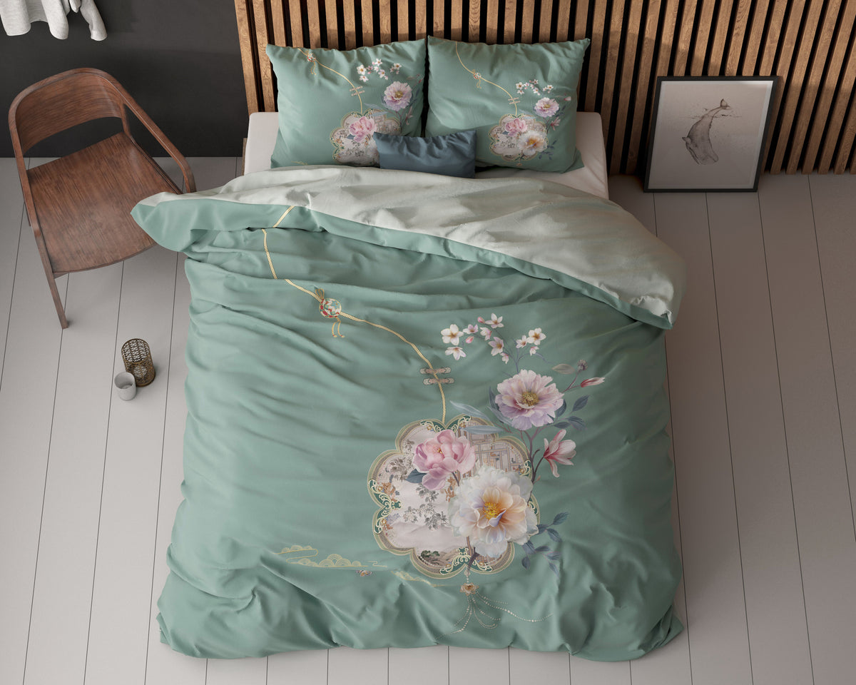 Dekbedovertrek micropercale Lyra groen met bloemenprint 240 x 220 cm, met 2 kussenslopen 60 x 70 cm