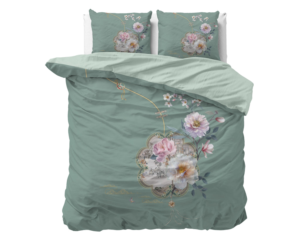 Dekbedovertrek micropercale Lyra groen met bloemenprint 240 x 220 cm, met 2 kussenslopen 60 x 70 cm