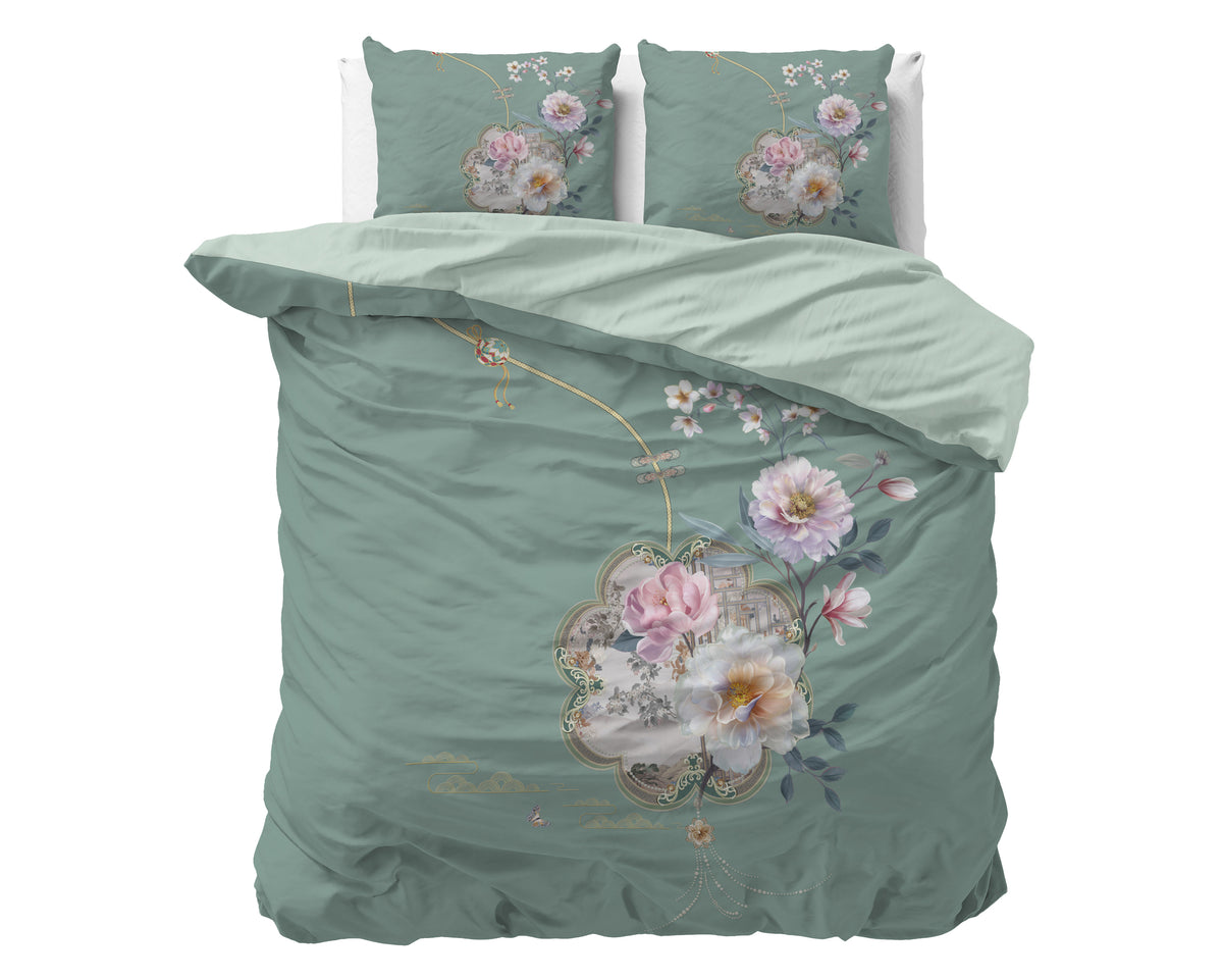 Dekbedovertrek micropercale Lyra groen met bloemenprint 240 x 220 cm, met 2 kussenslopen 60 x 70 cm
