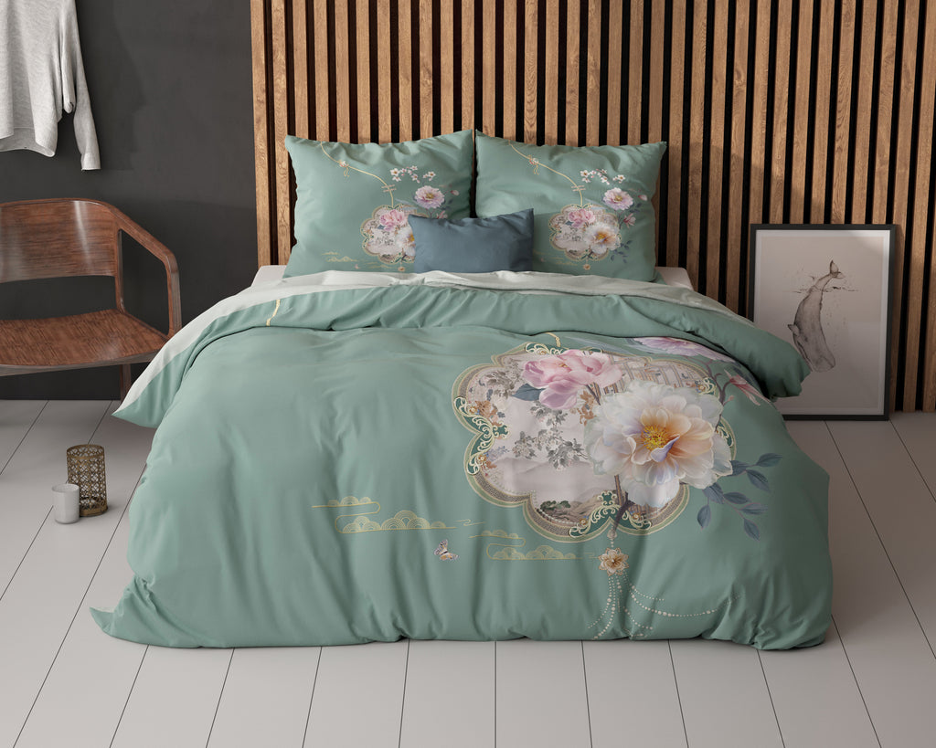 Dekbedovertrek micropercale Lyra groen met bloemenprint 240 x 220 cm, met 2 kussenslopen 60 x 70 cm