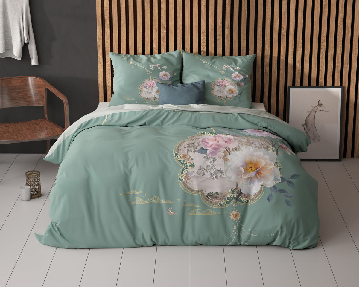 Dekbedovertrek micropercale Lyra groen met bloemenprint 240 x 220 cm, met 2 kussenslopen 60 x 70 cm