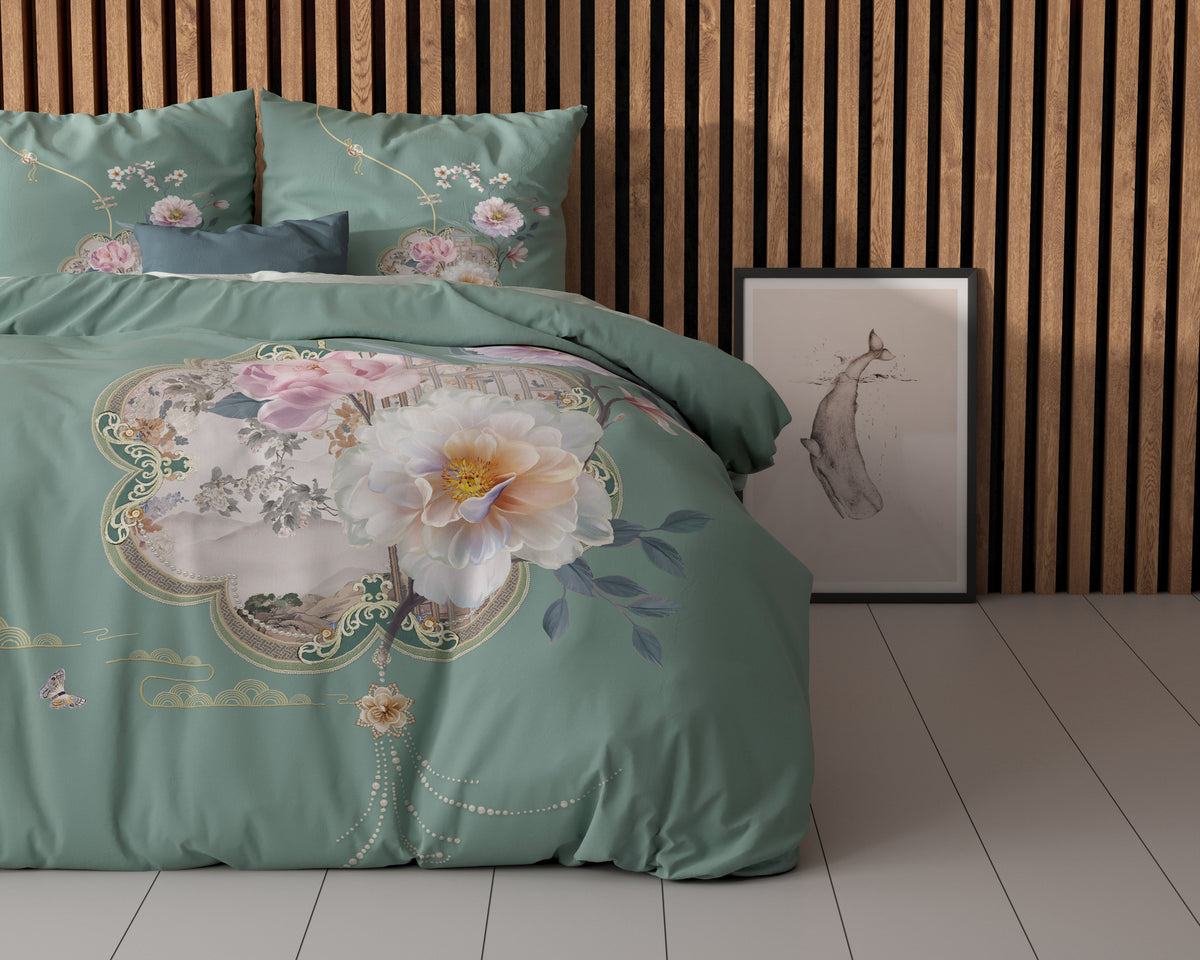 Dekbedovertrek micropercale Lyra groen met bloemenprint 240 x 220 cm, met 2 kussenslopen 60 x 70 cm