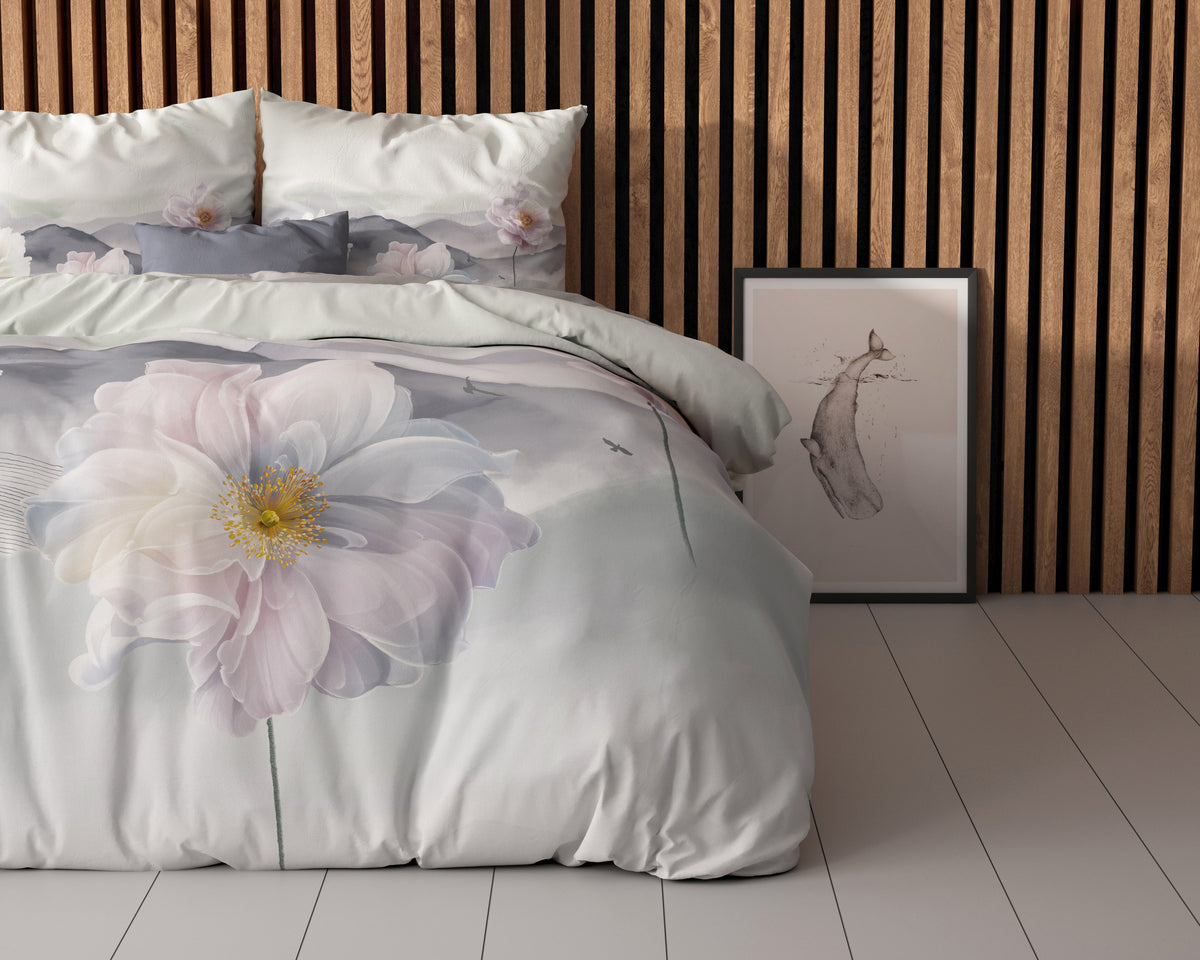 Dekbedovertrek microvezel Annique grijs bloemenprint 200 x 220 cm, met 2 kussenslopen 60 x 70 cm