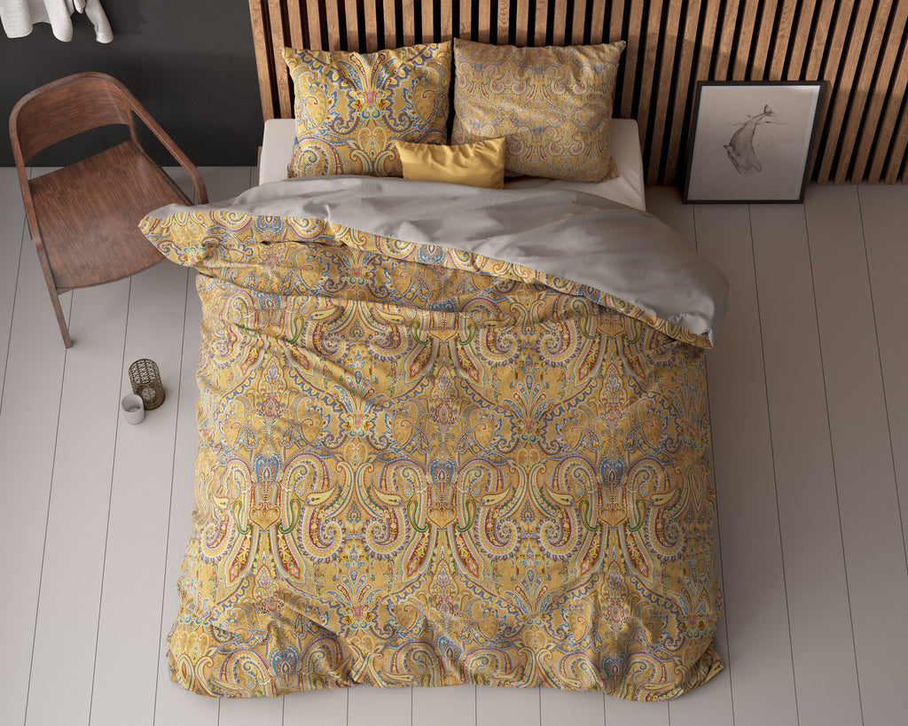Dekbedovertrek microvezel goud paisley print 240 x 220 cm, met 2 kussenslopen 60 x 70 cm