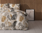 Dekbedovertrek katoen micropercal Feather District zand met bladprint 140 x 220 cm, met kussenslopen 60 x 70 cm