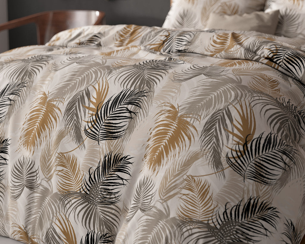 Dekbedovertrek katoen micropercal Feather District zand met bladprint 140 x 220 cm, met kussenslopen 60 x 70 cm