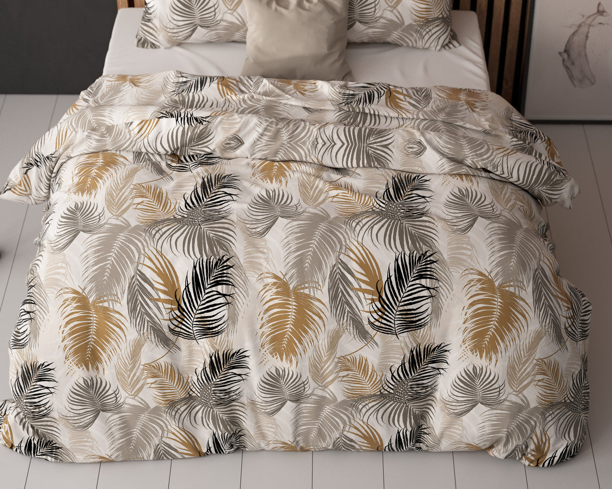 Dekbedovertrek katoen micropercal Feather District zand met bladprint 140 x 220 cm, met kussenslopen 60 x 70 cm