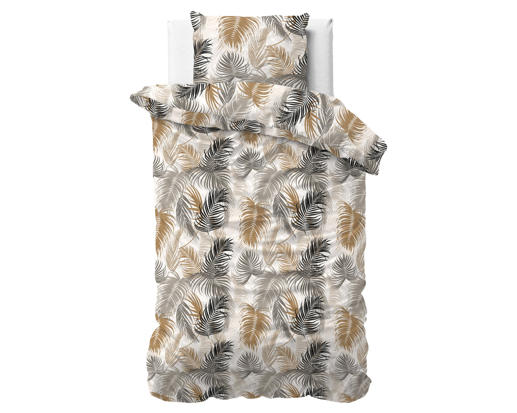 Dekbedovertrek katoen micropercal Feather District zand met bladprint 140 x 220 cm, met kussenslopen 60 x 70 cm