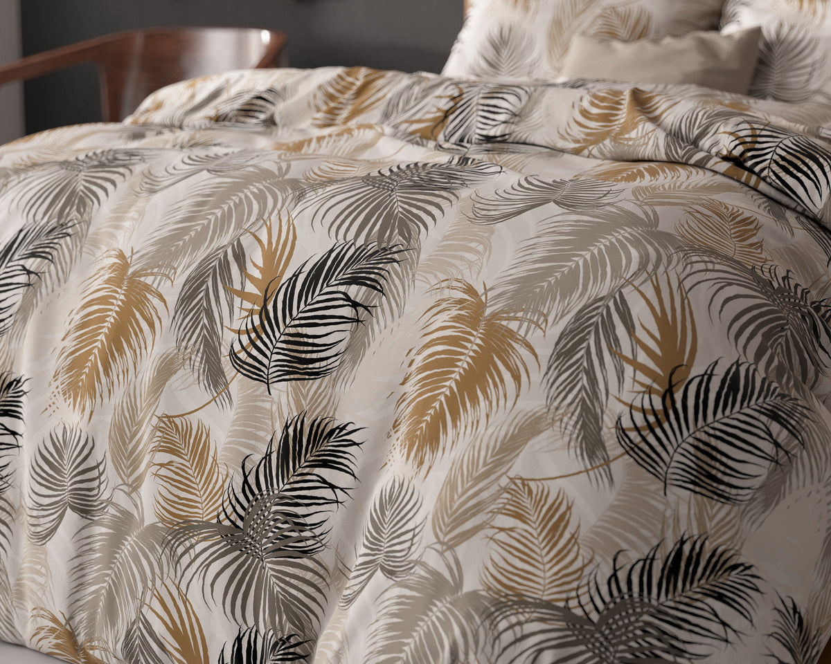 Dekbedovertrek micropercal katoen Feather District zand met bladprint 200 x 220 cm, met 2 kussenslopen 60 x 70 cm
