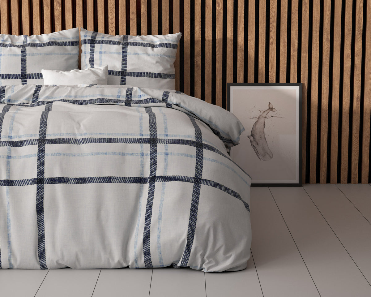 Dekbedovertrek micropercal katoen geruit wit met blauw 140 x 220 cm, met kussenslopen 60 x 70 cm