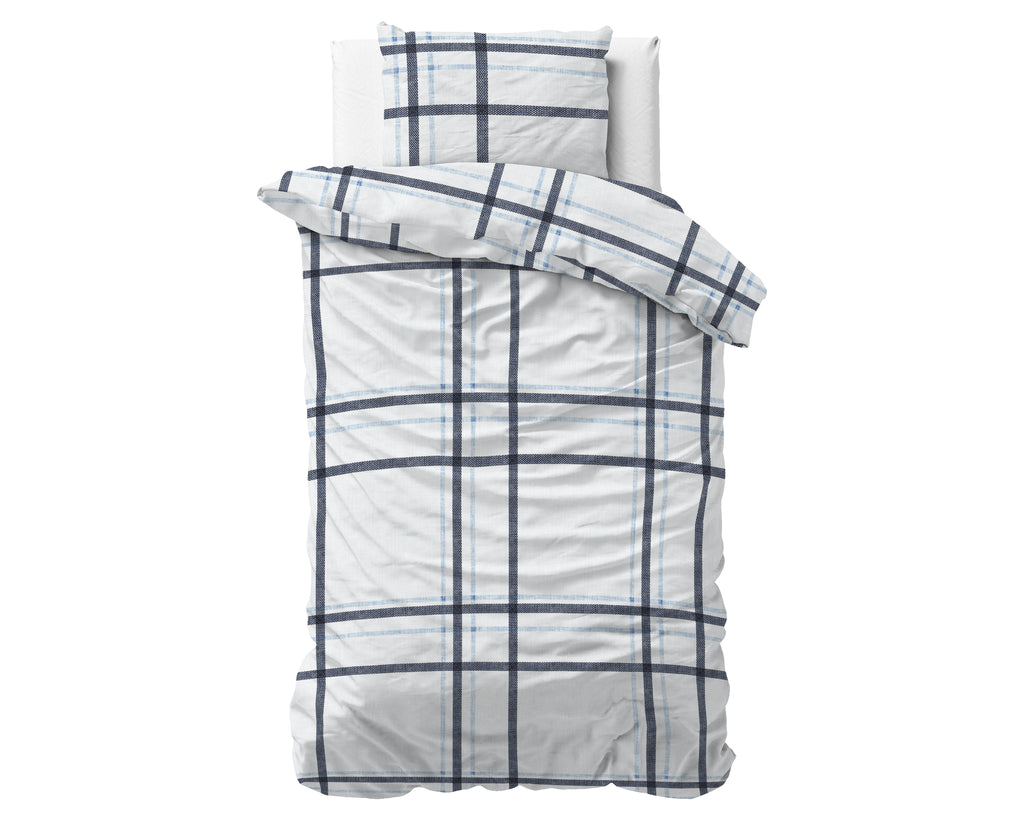 Dekbedovertrek micropercal katoen geruit wit met blauw 140 x 220 cm, met kussenslopen 60 x 70 cm