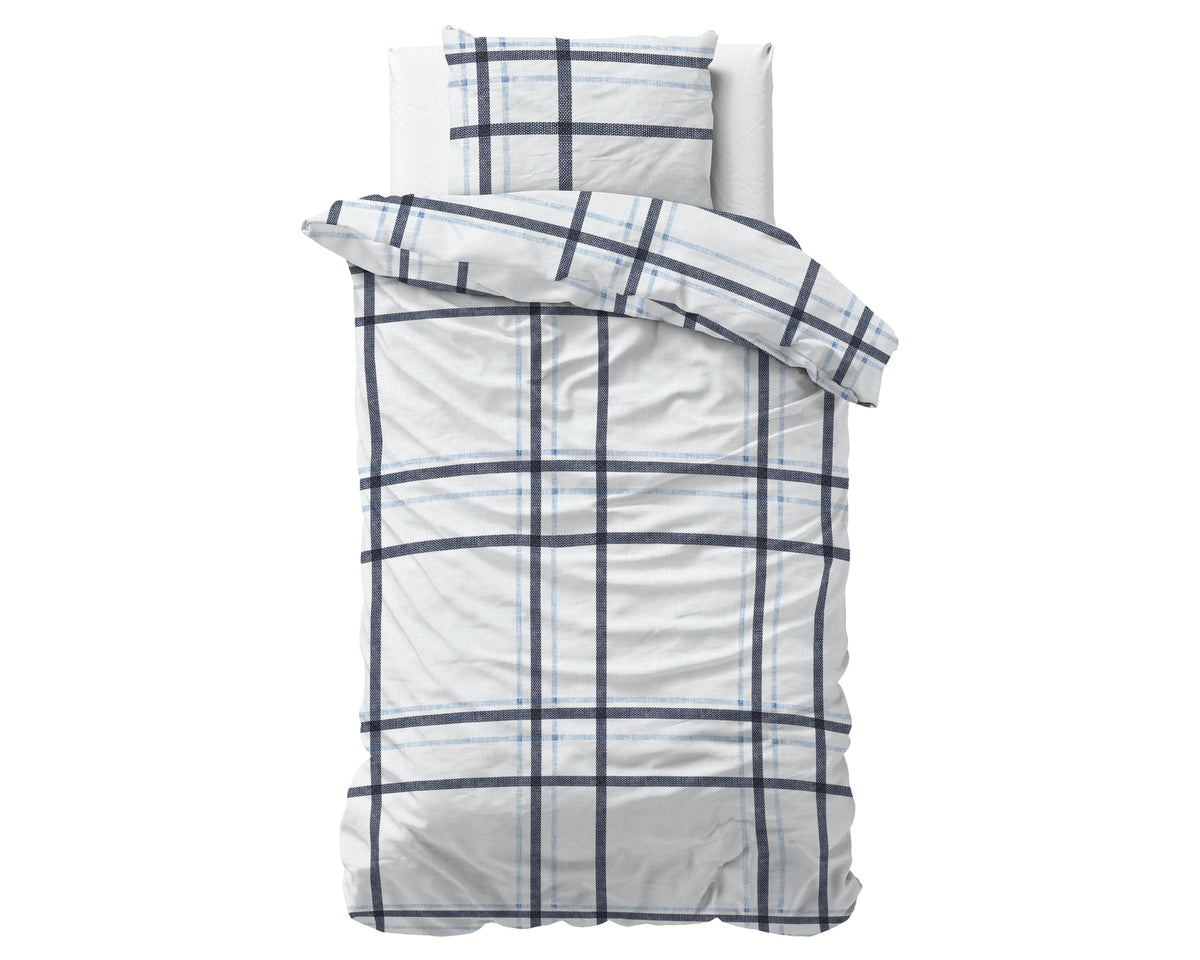 Dekbedovertrek micropercal katoen geruit wit met blauw 140 x 220 cm, met kussenslopen 60 x 70 cm