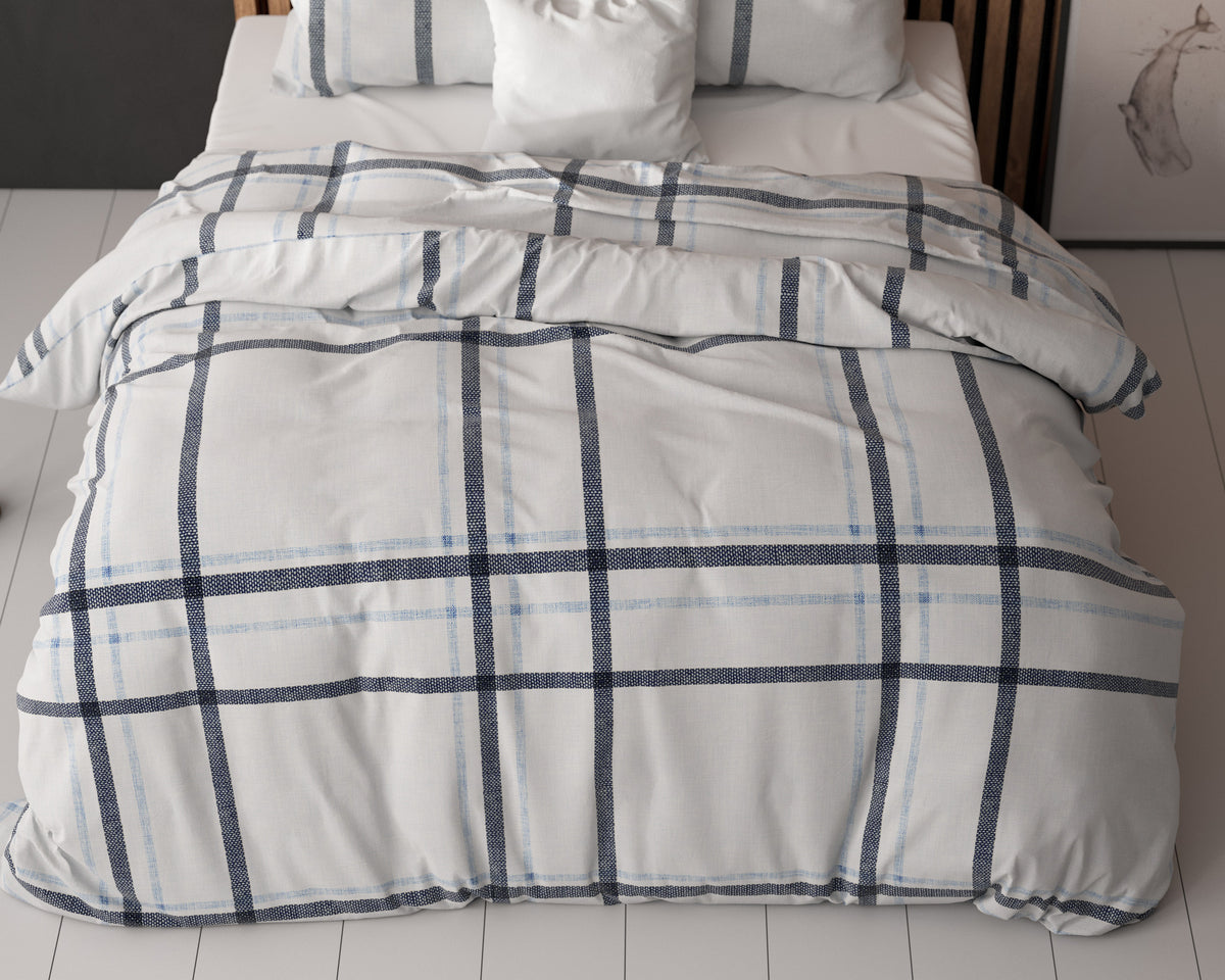 Dekbedovertrek katoen micropercal geruit wit en blauw 240 x 220 cm, met 2 kussenslopen 60 x 70 cm