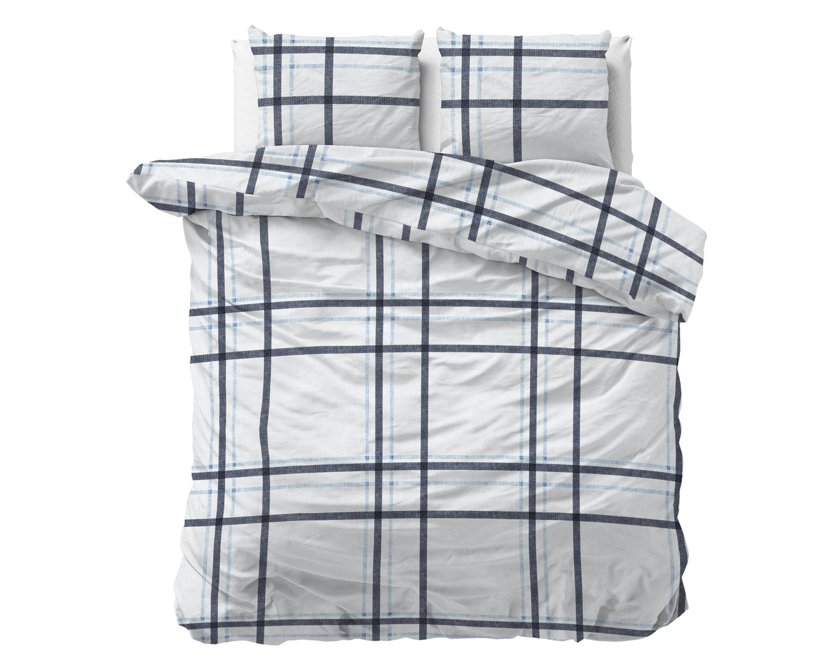 Dekbedovertrek katoen micropercal geruit wit en blauw 240 x 220 cm, met 2 kussenslopen 60 x 70 cm