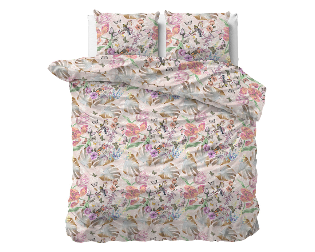 Dekbedovertrek micropercal katoen bloemenprint roze 200 x 220 cm, met 2 kussenslopen 60 x 70 cm