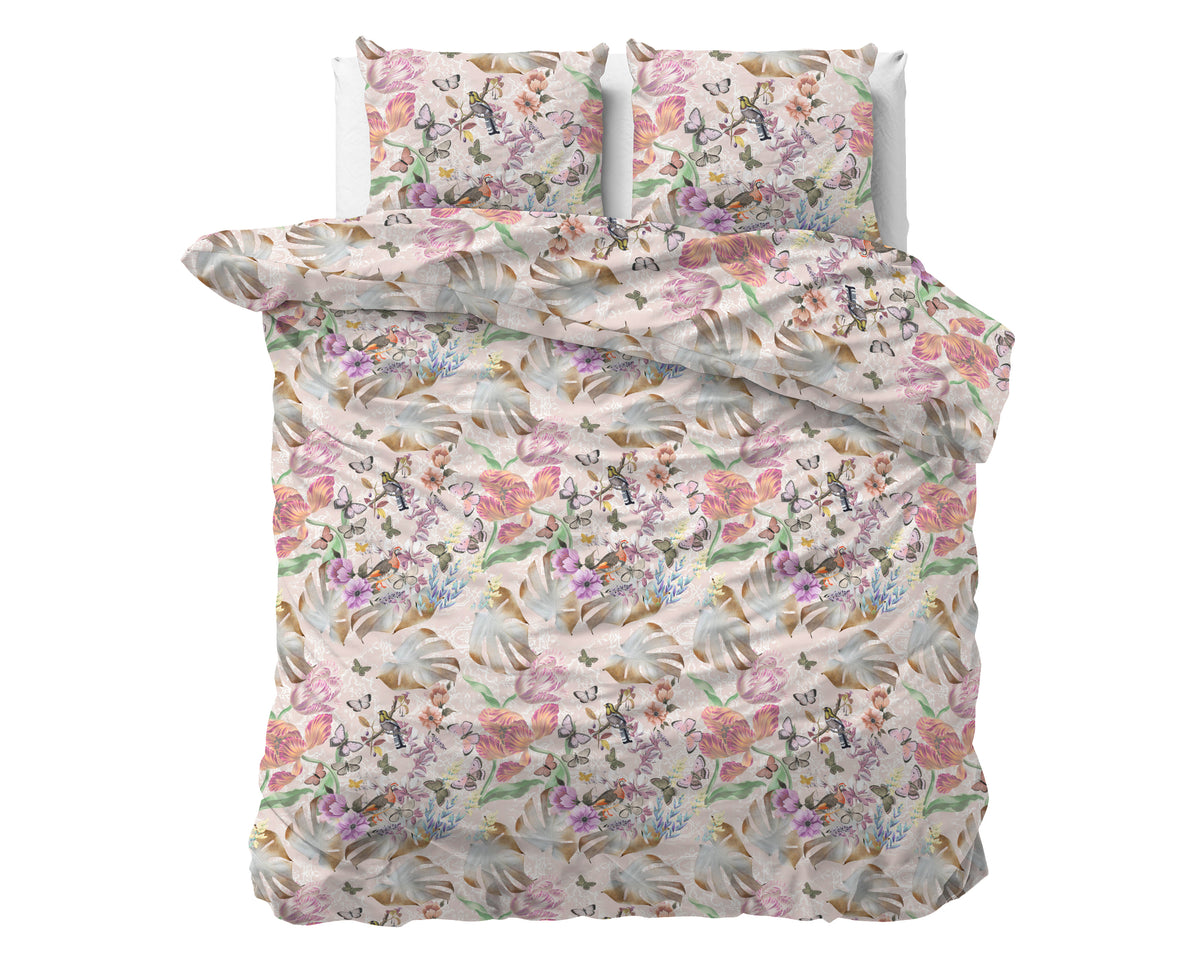 Dekbedovertrek micropercal katoen bloemenprint roze 200 x 220 cm, met 2 kussenslopen 60 x 70 cm