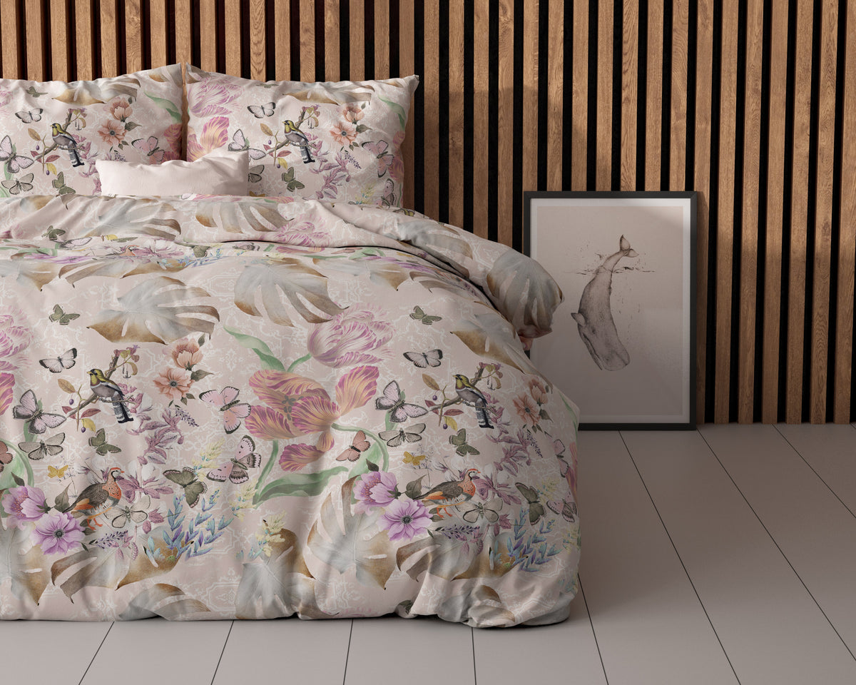 Dekbedovertrek katoen/polyester bloemenprint roze 240 x 220 cm, met 2 kussenslopen 60 x 70 cm