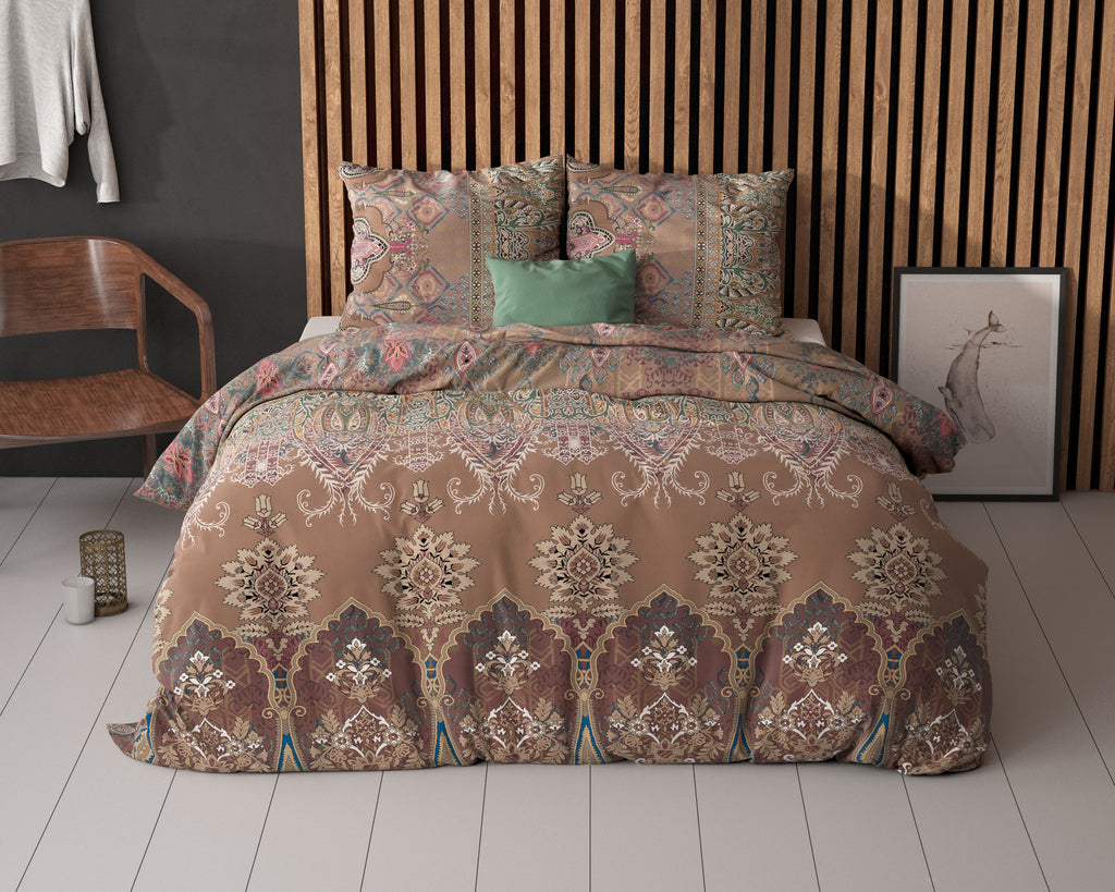 Dekbedovertrek micropercal katoen polyester bruin Berna tweezijdig bedrukt 200 x 220 cm, met 2 kussenslopen 60 x 70 cm