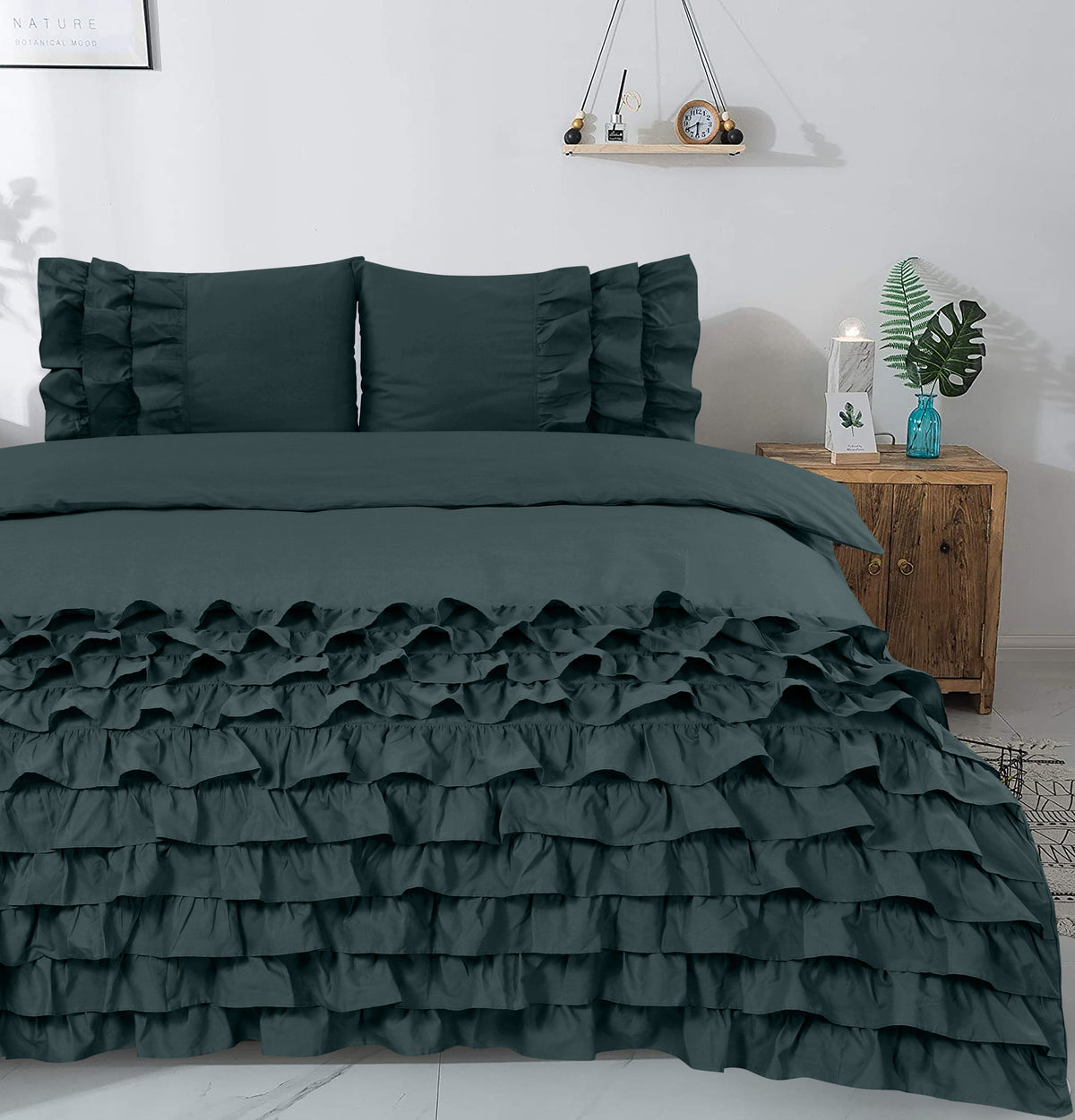 Dekbedovertrek percale katoen T144 Cyprus groen met ruches 140 x 220 cm, met 2 kussenslopen 60 x 70 cm