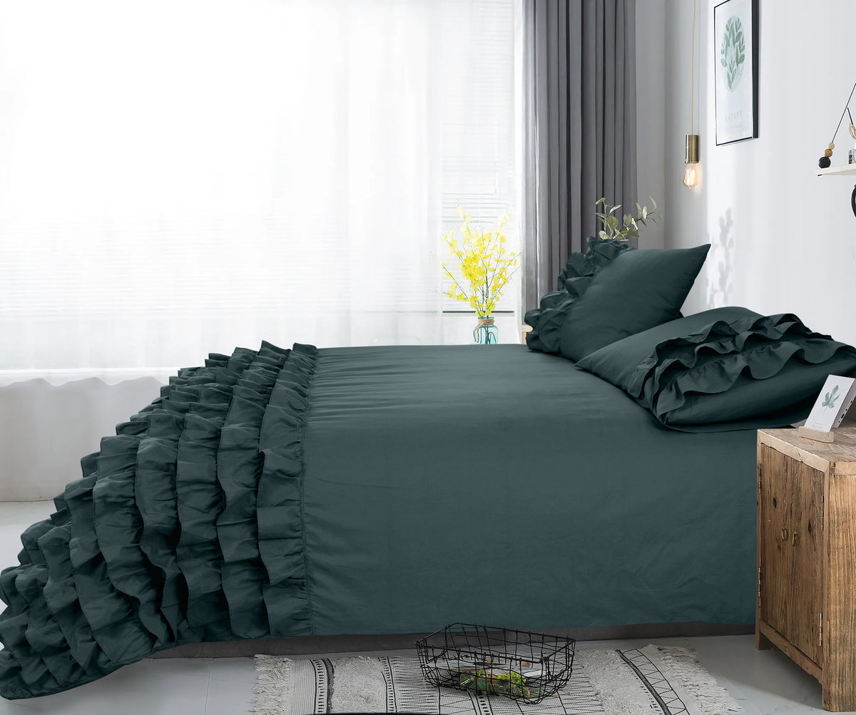 Dekbedovertrek percale katoen T144 Cyprus groen met ruches 140 x 220 cm, met 2 kussenslopen 60 x 70 cm