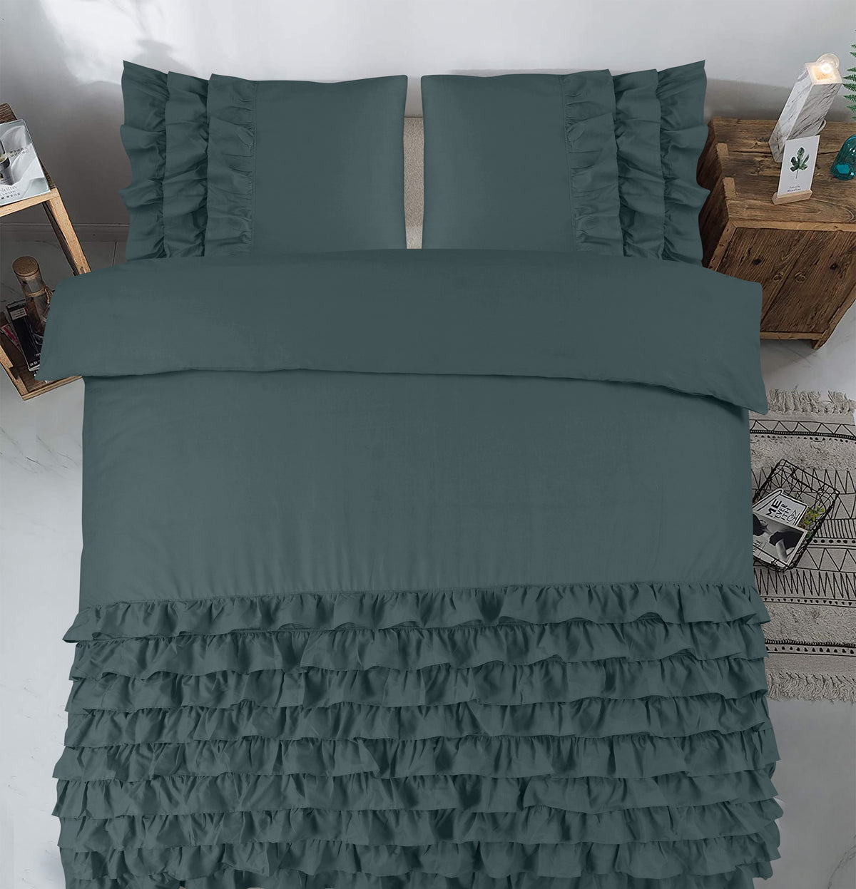 Dekbedovertrek percale katoen T144 Cyprus groen met ruches 140 x 220 cm, met 2 kussenslopen 60 x 70 cm