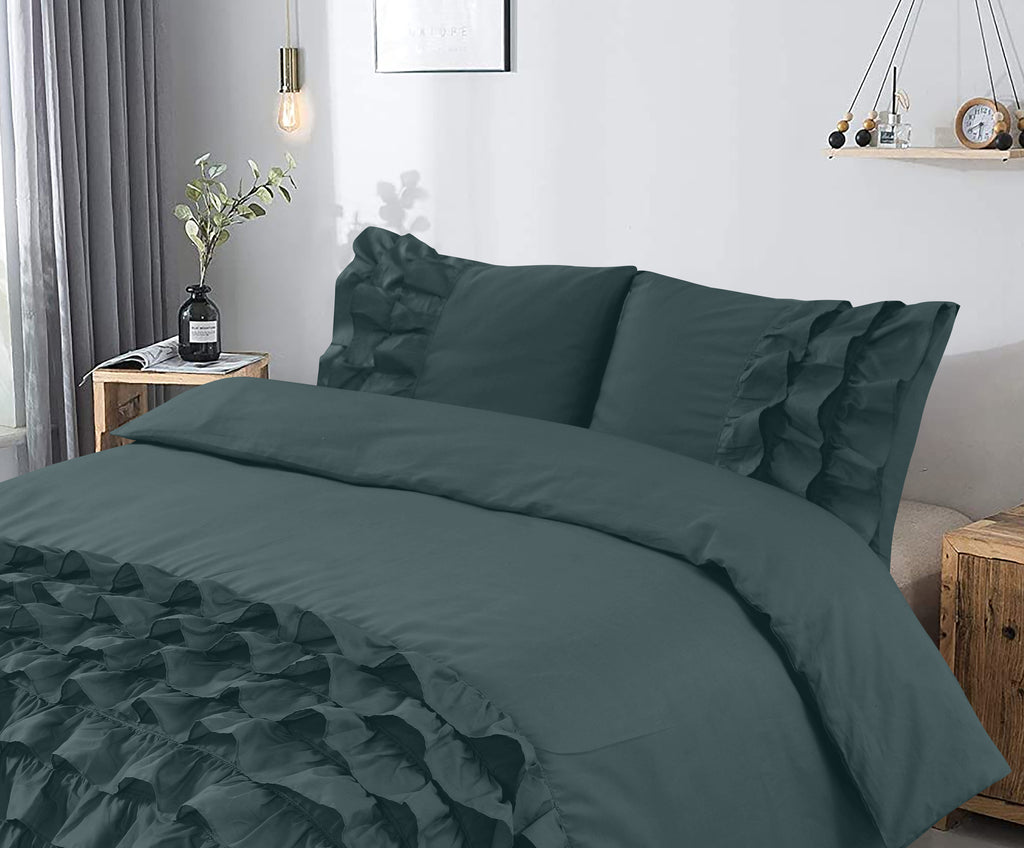 Dekbedovertrek percale katoen T144 Cyprus groen met ruches 140 x 220 cm, met 2 kussenslopen 60 x 70 cm