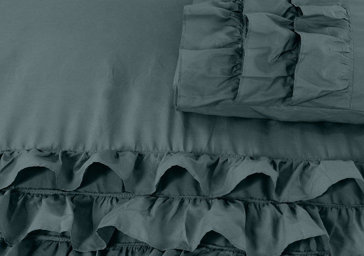 Dekbedovertrek percale katoen T144 Cyprus groen met ruches 140 x 220 cm, met 2 kussenslopen 60 x 70 cm