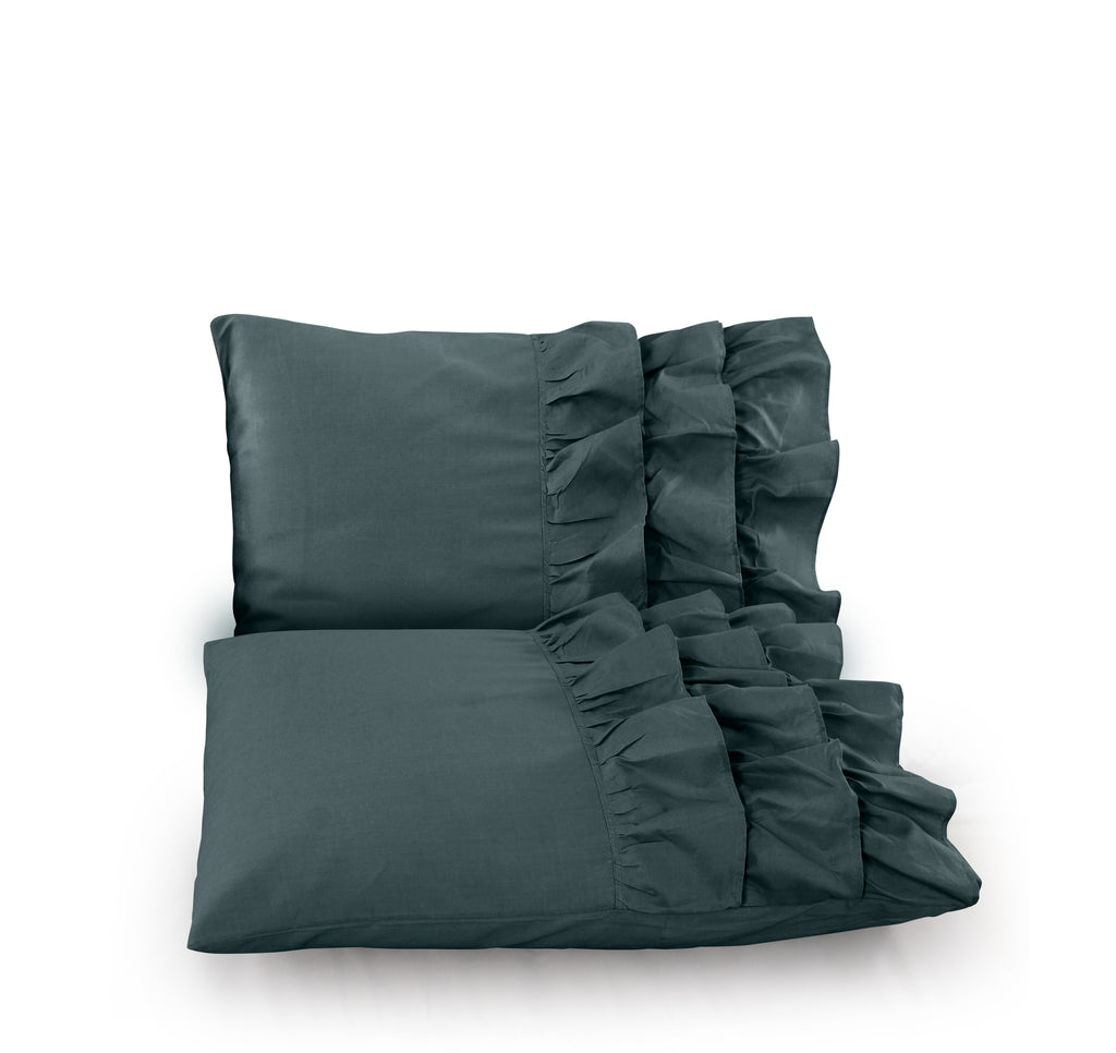 Dekbedovertrek percale katoen T144 Cyprus groen met ruches 140 x 220 cm, met 2 kussenslopen 60 x 70 cm