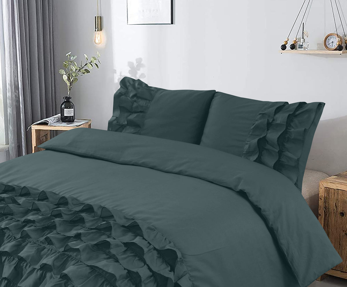 Dekbedovertrek katoen percale ruches cipresgroen 240 x 220 cm, met 2 kussenslopen 60 x 70 cm