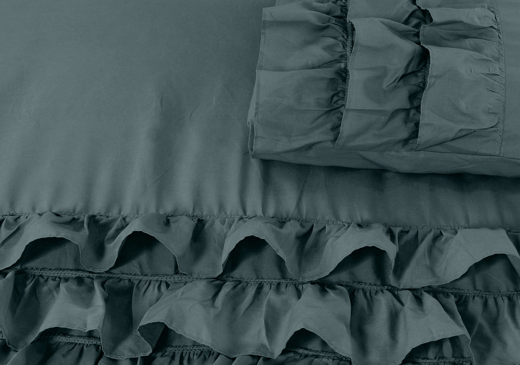 Dekbedovertrek katoen percale ruches cipresgroen 240 x 220 cm, met 2 kussenslopen 60 x 70 cm
