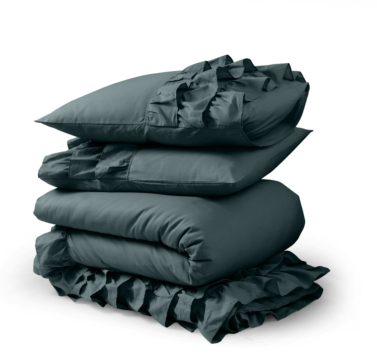 Dekbedovertrek katoen percale ruches cipresgroen 240 x 220 cm, met 2 kussenslopen 60 x 70 cm