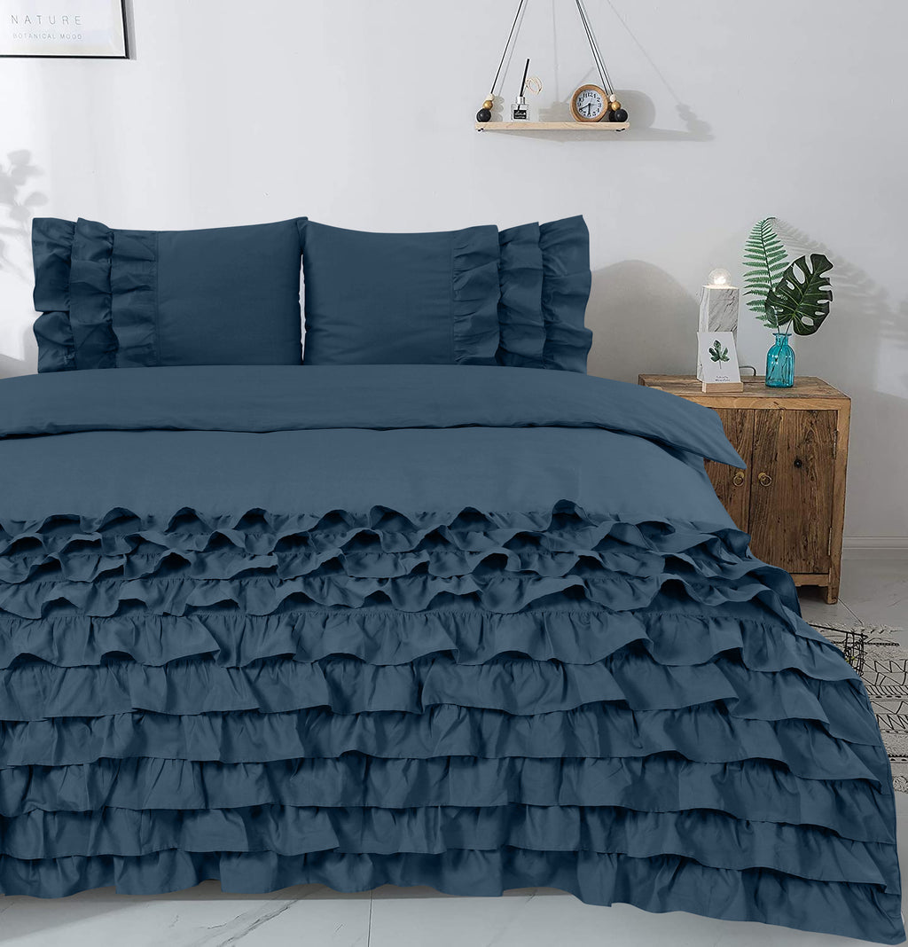 Dekbedovertrek katoen percale ruches blauw 140 x 220 cm, met 2 kussenslopen 60 x 70 cm voor de slaapkamer