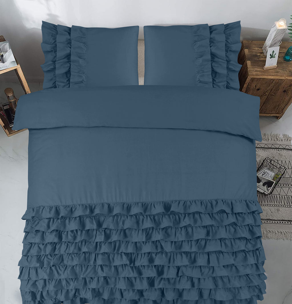 Dekbedovertrek katoen percale ruches blauw 140 x 220 cm, met 2 kussenslopen 60 x 70 cm voor de slaapkamer