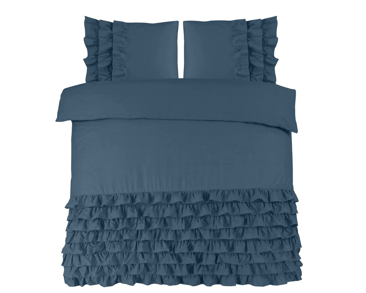 Dekbedovertrek Cyprus percale katoen T144 blauw met ruches 240 x 220 cm, met 2 kussenslopen 60 x 70 cm