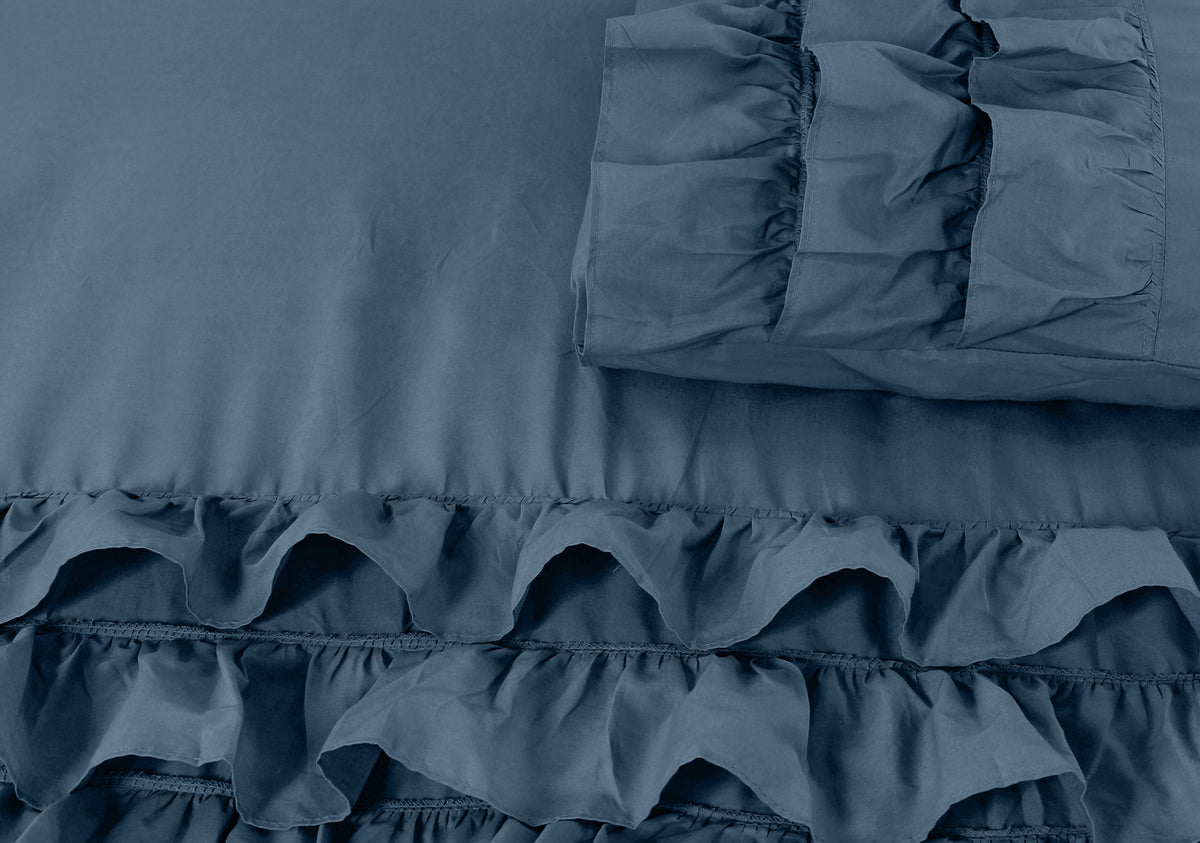Dekbedovertrek Cyprus percale katoen T144 blauw met ruches 240 x 220 cm, met 2 kussenslopen 60 x 70 cm