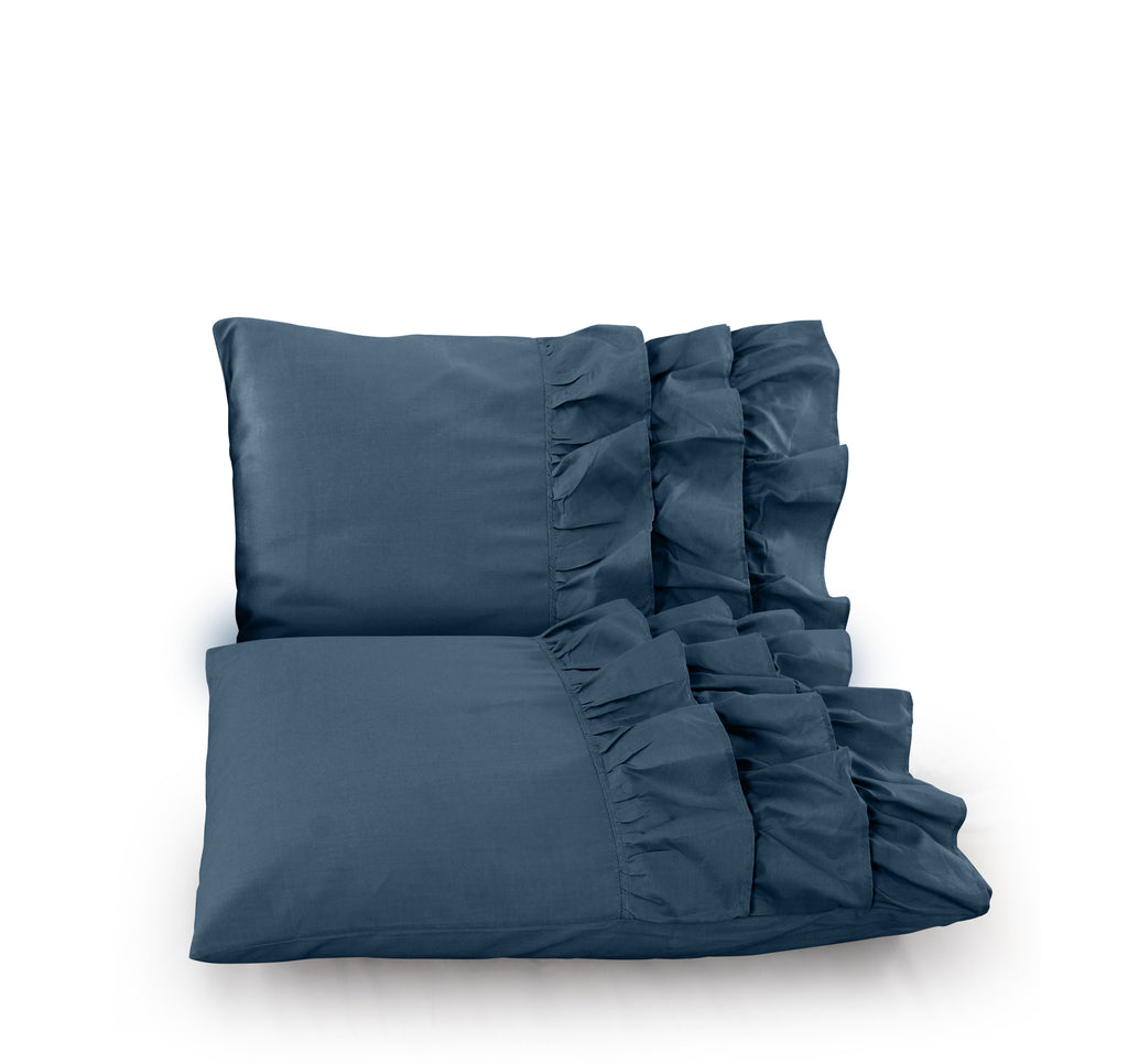 Dekbedovertrek Cyprus percale katoen T144 blauw met ruches 240 x 220 cm, met 2 kussenslopen 60 x 70 cm