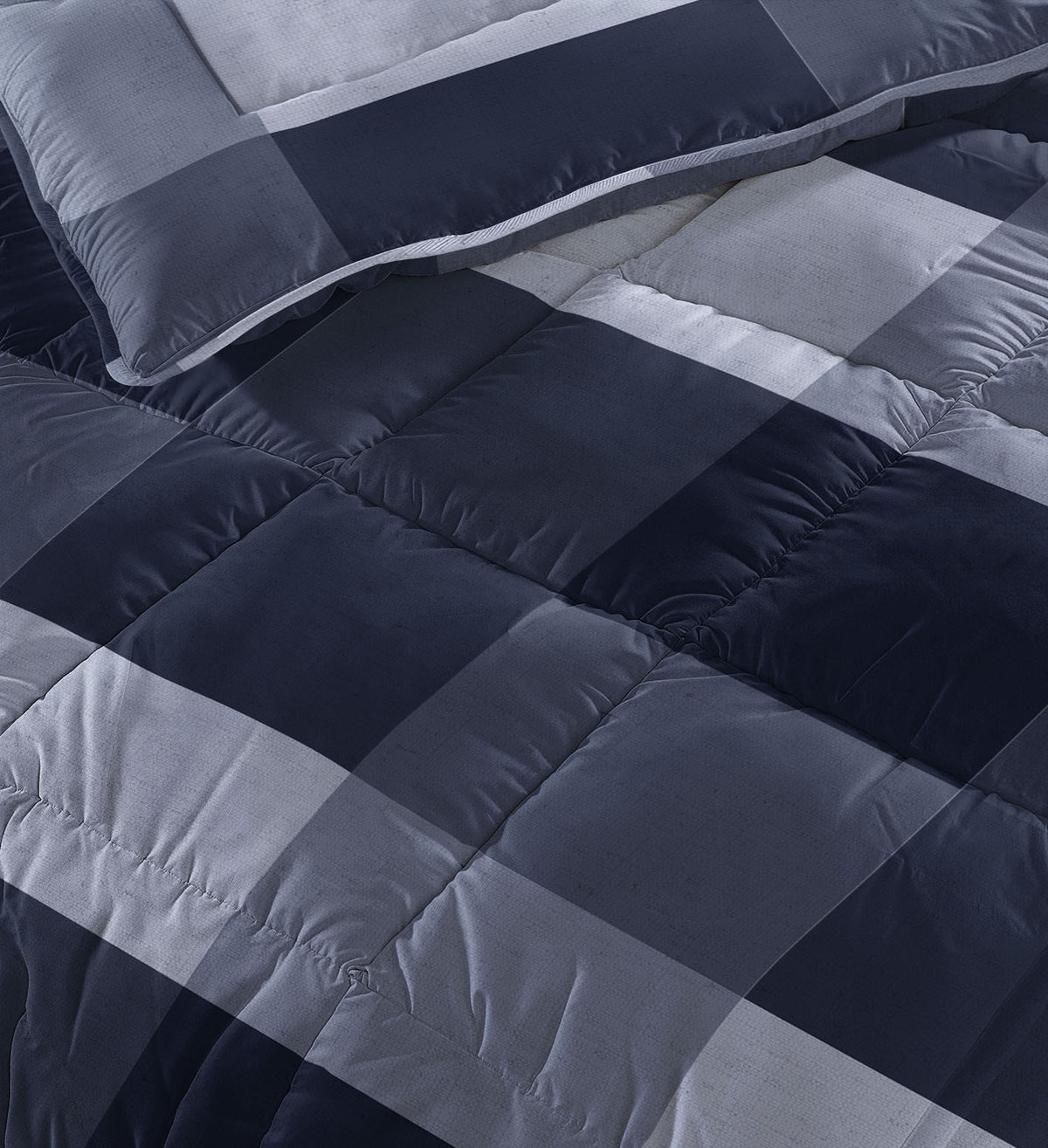 Lazy dekbed alles-in-één microvezel blauw geblokt 200 x 200 cm, met 2 kussenslopen 60 x 70 cm