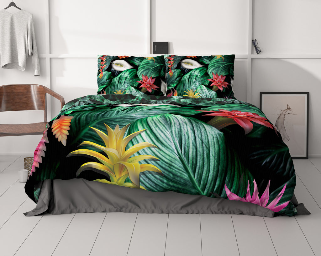 Dekbedovertrek katoensatijn Cintia groen met tropische bloemenprint 240 x 220 cm, met 2 kussenslopen 60 x 70 cm