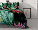 Dekbedovertrek katoensatijn Cintia groen met tropische bloemenprint 240 x 220 cm, met 2 kussenslopen 60 x 70 cm