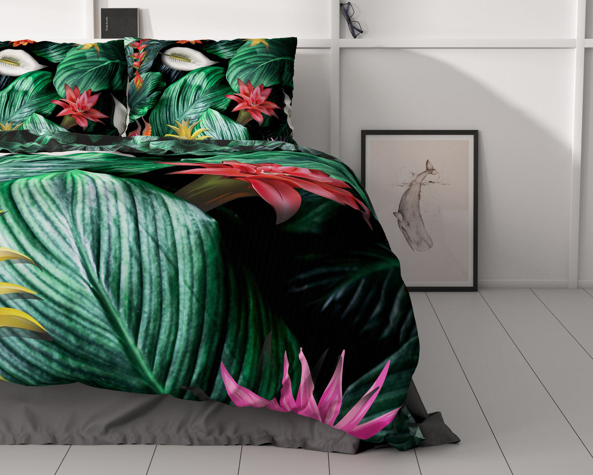 Dekbedovertrek katoensatijn Cintia groen met tropische bloemenprint 240 x 220 cm, met 2 kussenslopen 60 x 70 cm