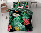 Dekbedovertrek katoensatijn Cintia groen met tropische bloemenprint 240 x 220 cm, met 2 kussenslopen 60 x 70 cm